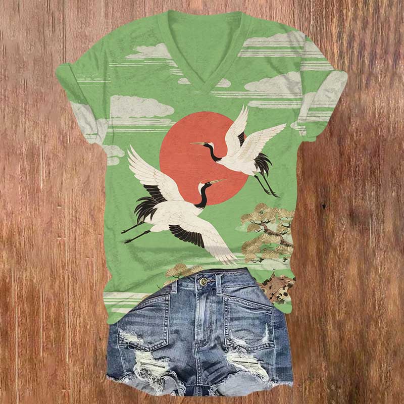 Japanese Vintage Crane Flying Around The Sun Print V-neck T-shirt - Green - US32-34(5XL) - image 4