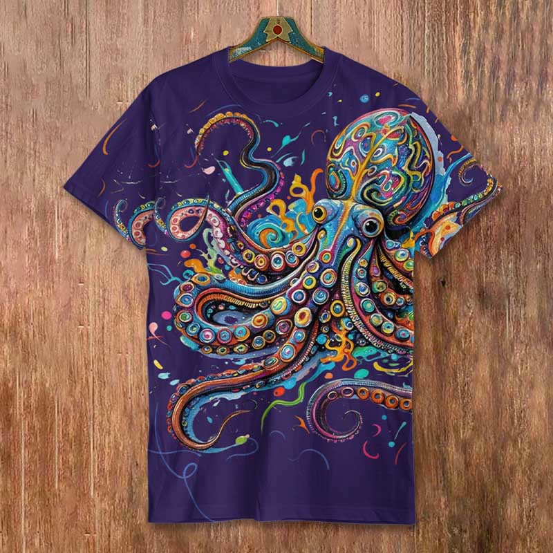 Vintage Rainbow Octopus Art Print Men's Casual T-shirt - Royal Blue - 8XL - image 6