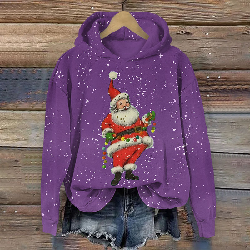 Christmas Happy Santa Holding Light Bulb Print Long Sleeve Hoodie - Purple - US44-46(8XL) - image 3