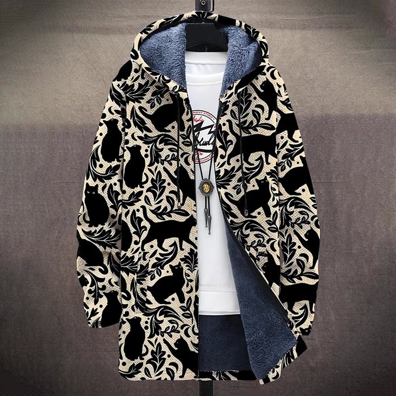 Vintage Black Cat And Floral Pattern Print Unisex Plush Thick Long-sleeved Fleece Jacket Coat - image 2
