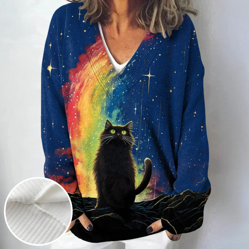 Women's Black Cat Under Rainbow And Stars Print Causal V-neck Pullover Sweater - Blue - 4XL - image 2