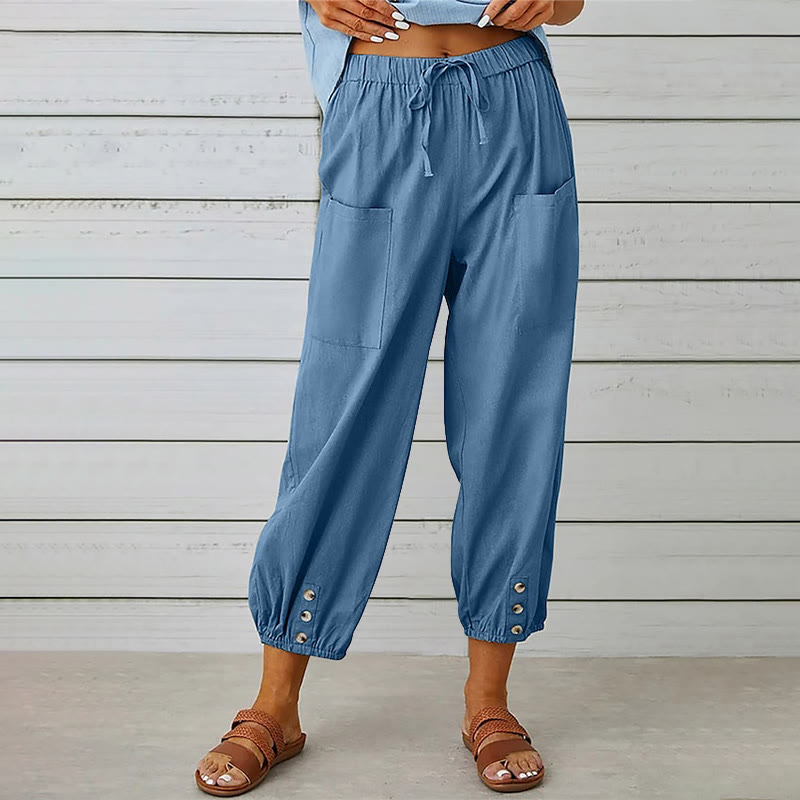 Women's Casual Loose Button Pocket Cropped Pants - Blue - 4XL - image 6