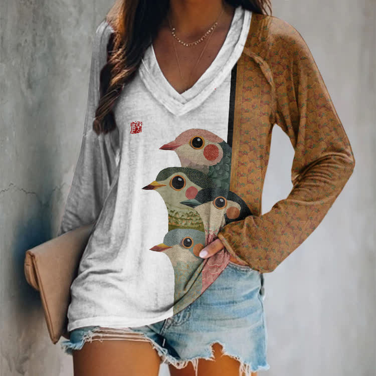 Japanese Retro Rainbow Birds Pattern Print V-neck Long Sleeve T-shirt - White - US 24 (5XL) - image 4