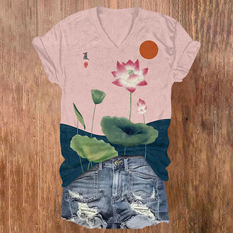 Japanese Art Lotus Print V-neck T-shirt - Pink - US32-34(5XL) - image 3