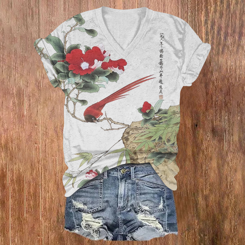 Japanese Calligraphy And Painting And Birds Printed Short Sleeved V-neck T-shirt - Light Gray - US32-34(5XL) - image 1
