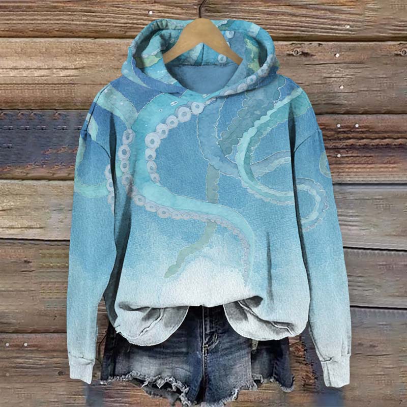 Vintage Ombre Abstract Octopus Tentacles Art Print Long Sleeve Hoodie - Blue - US44-46(8XL) - image 3