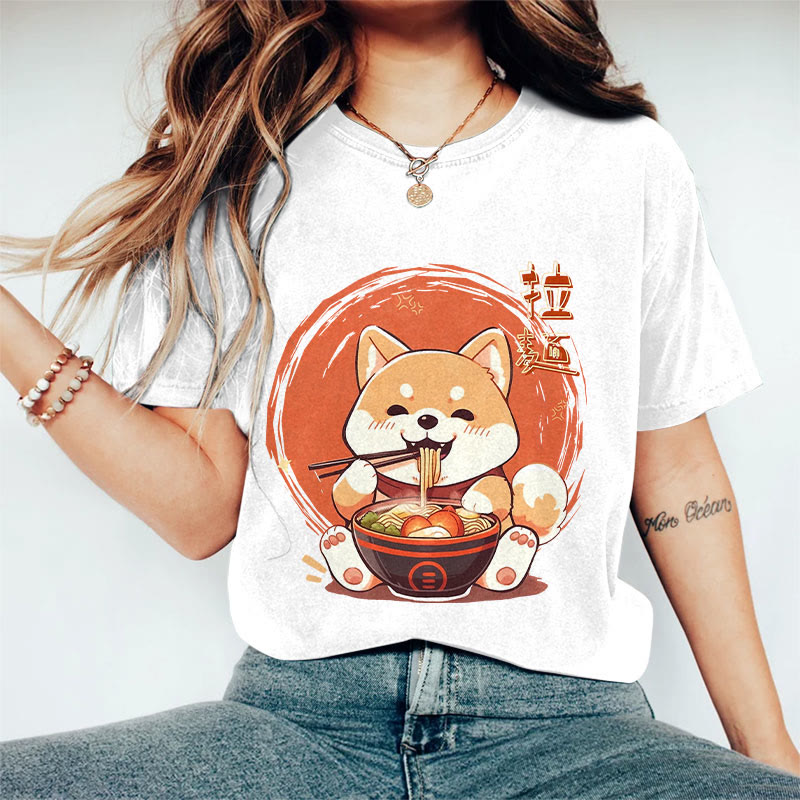 100% Cotton Women's Japanese Cat Eating Ramen Art Print Casual T-shirt - White - 2XL - image 3