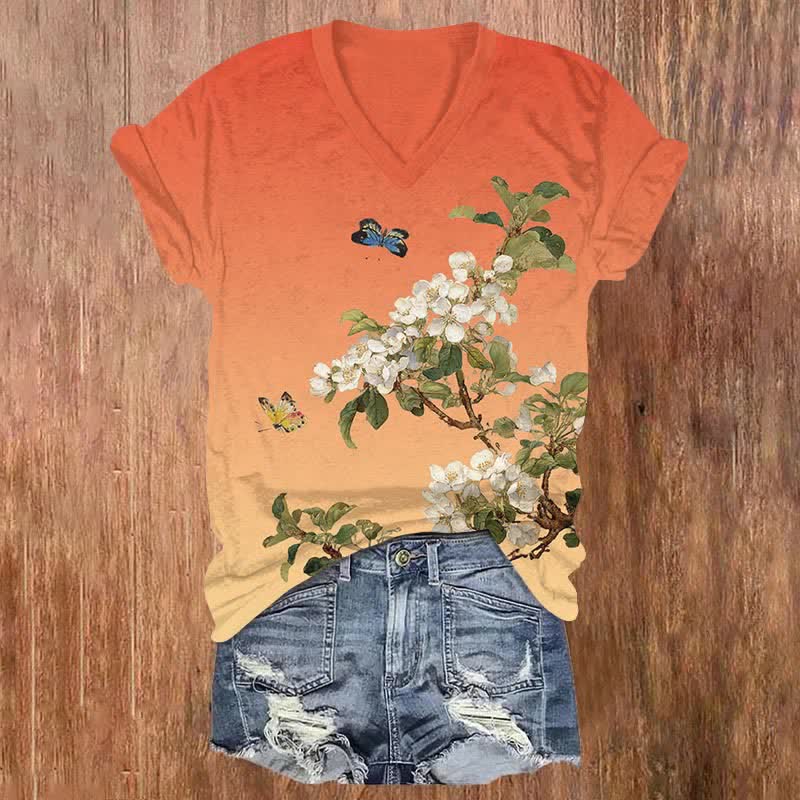 Japanese Vintage Butterfly & Pear Blossom Art Print V-neck T-shirt - Orange - US32-34(5XL) - image 3