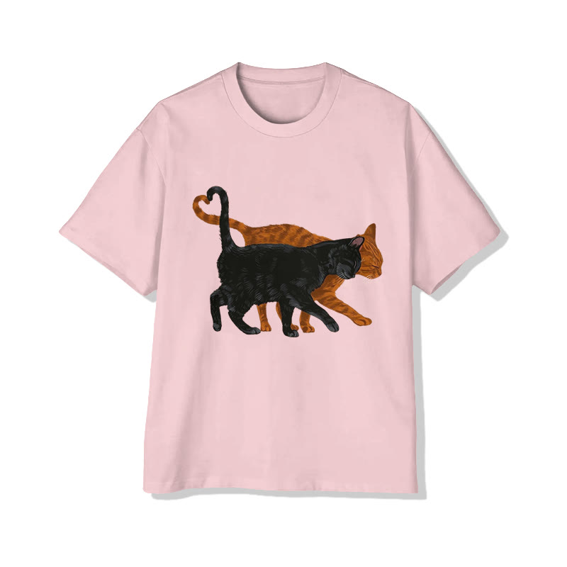 Unisex Black And Orange Cat Love Print Short Sleeved Crew Neck T-Shirt - Pink - 2XL - image 3