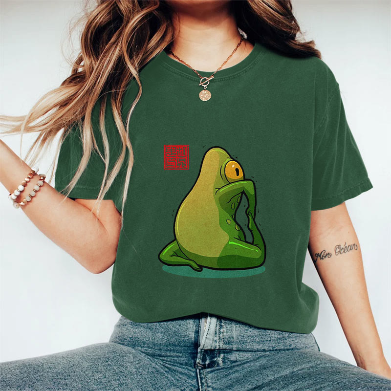 100% Cotton Funny Frog Yoga Art Print Casual T-shirt - Green - 2XL - image 7