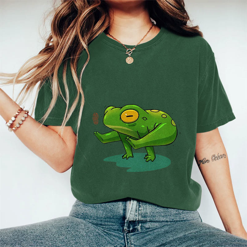 100% Cotton Funny Frog Yoga Art Print Casual T-shirt - Green - 2XL - image 5