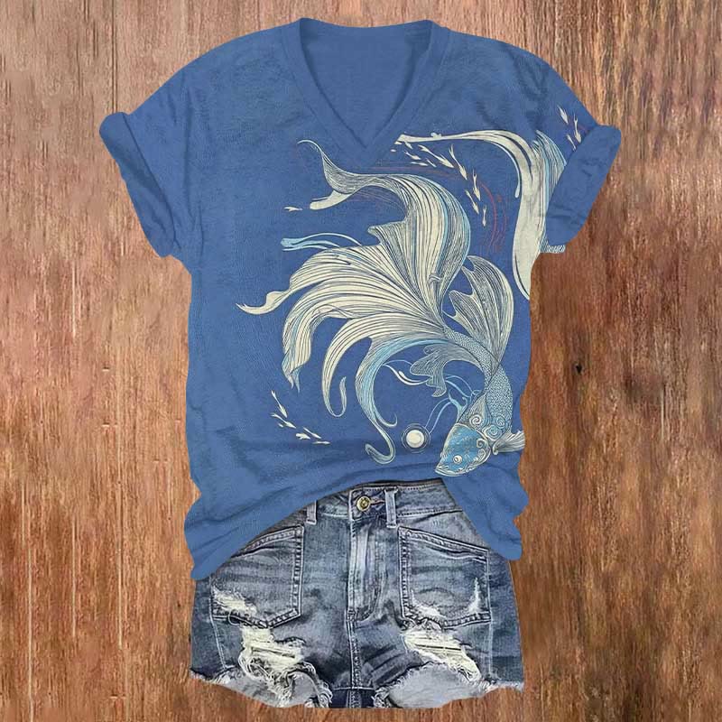 Flowing Goldfish Design Art Print V-neck T-shirt - Light Blue - US32-34(5XL) - image 2