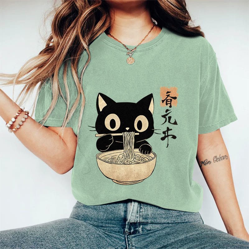 100% Cotton 	 Vintage Japanese Cute Cat Eating Ramen Art Print T-shirt - Light Green - US16-18(2XL) - image 3