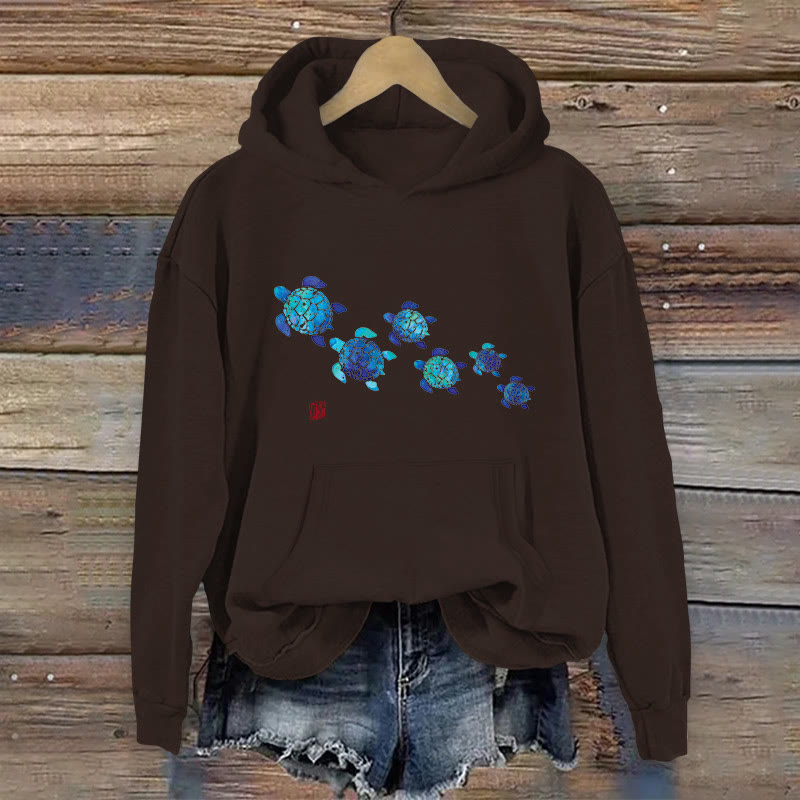 100% Cotton Cute Sea Turtle Print Women's Hoodie - Coffee - 2XL - image 4