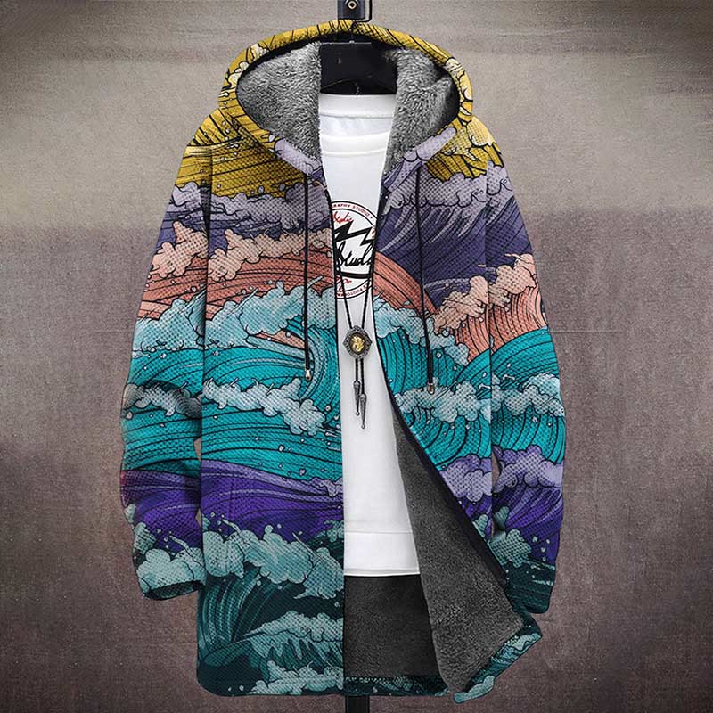 Men's Multi-color Wave Print Unisex Plush Thick Long-sleeved Fleece Jacket Coat - image 2