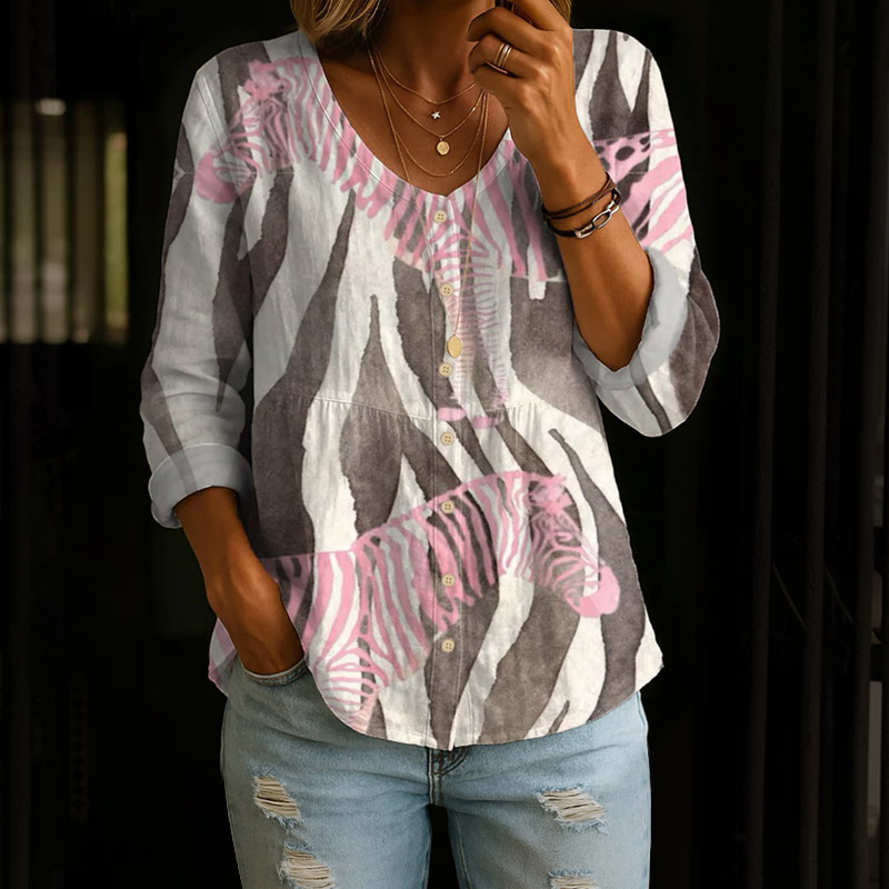 Contrast Geometric Zebra Pattern Print Button V-neck A-line Long Sleeve Blouse - White - 4XL - image 1