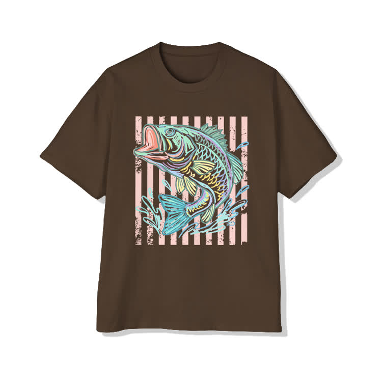 Unisex Vintage Bass Fish Pattern Cotton Print T-Shirt - Coffee - US20-22(3XL) - image 11