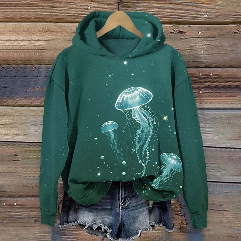 Glowing Dancing Bubble Jellyfish Print Long Sleeve Hoodie - Green - US44-46(8XL) - image 3