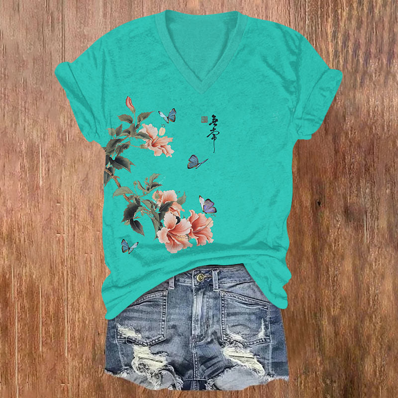 Japanese Spring Floral & Butterfly Art T-shirt - Green - US32-34(5XL) - image 2