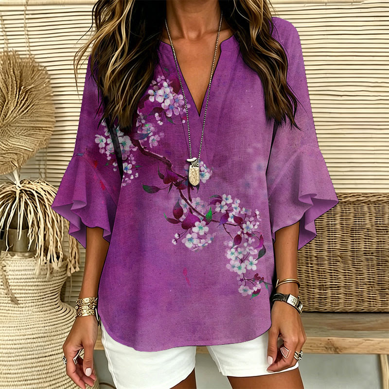 Japanese Antique Pear Blossom Ink Painting Print V-neck Half Sleeve Blouse - image 5