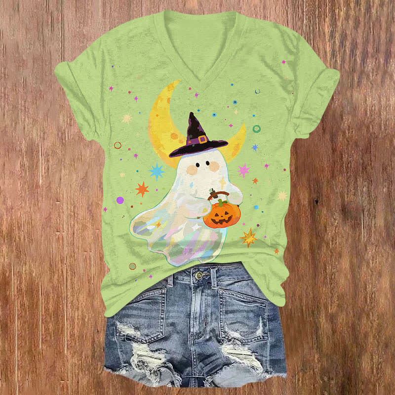 Halloween Watercolor Cute Ghost Holding Pumpkin Art Print V-neck T-shirt - Green - US32-34(5XL) - image 6