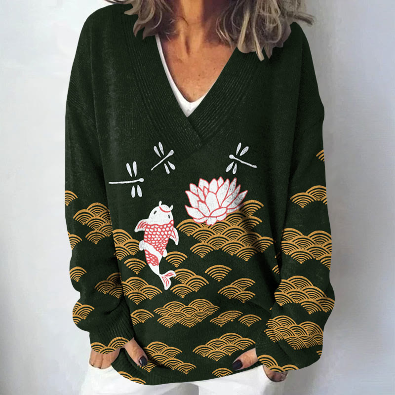 Japanese Style Koi Fish Dragonfly Wave Art Print Causal V-neck Pullover Sweater - Dark Green - 4XL - image 6