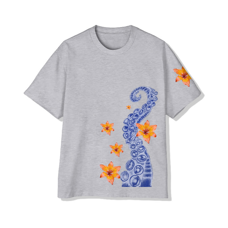 Unisex Japanese Sketch Style Octopus And Floral Art Pattern Cotton  Print T-shirt - Grey - US20-22(3XL) - image 3