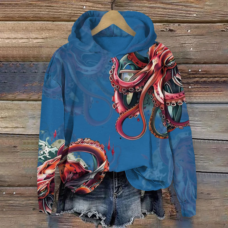Retro  Octopus Art Print Long Sleeve Hoodie - Blue - US44-46(8XL) - image 3