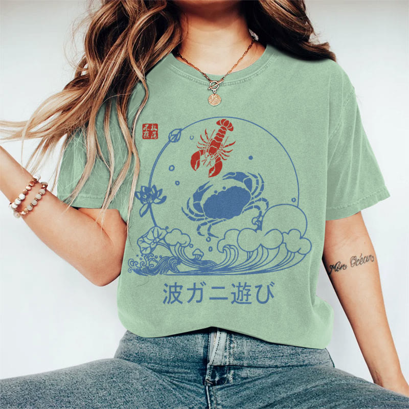 100% Cotton Women's Japanese Vintage Lobster & Crab Art Print Casual T-shirt - Green - 2XL - image 5