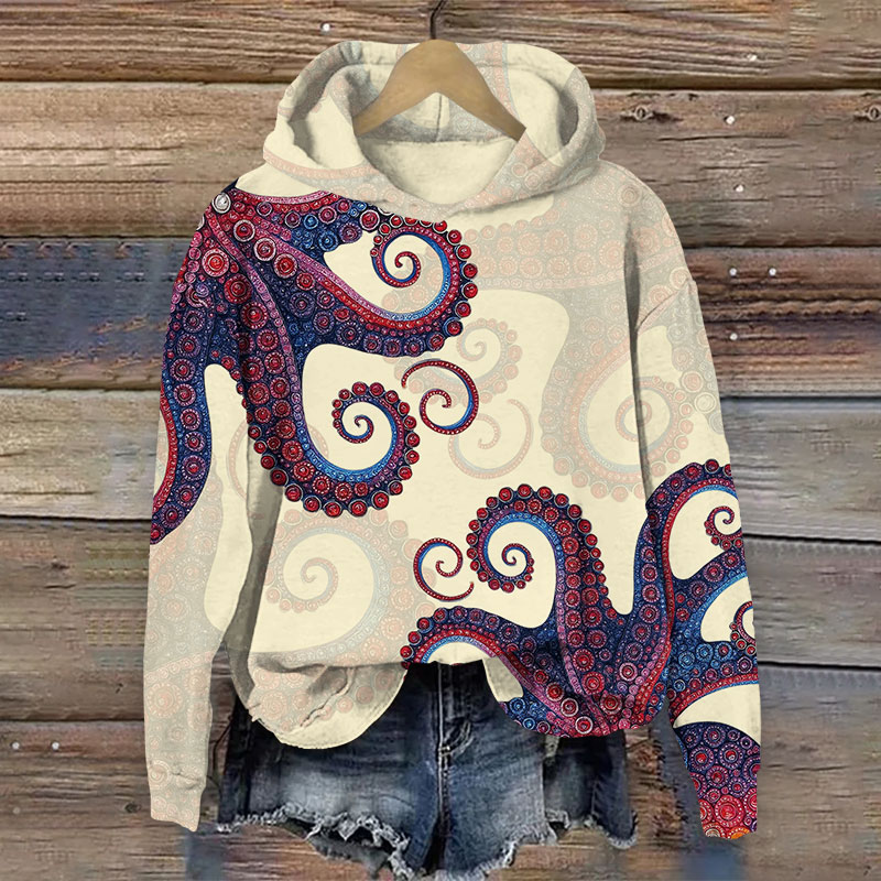 Japanese Retro Ethnic Octopus Tentacles Print Long Sleeve Hoodie - Apricot - US44-46(8XL) - image 4