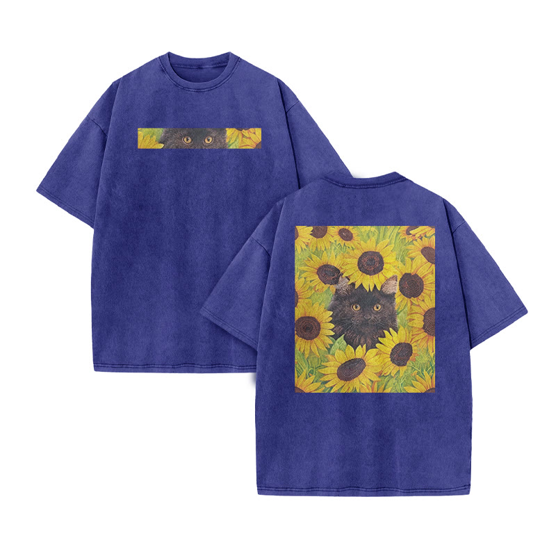 A Black Cat Hidden Among Clusters Of Sunflowers Print Acid Washed T-shirt - Blue - US20-22(3XL) - image 10