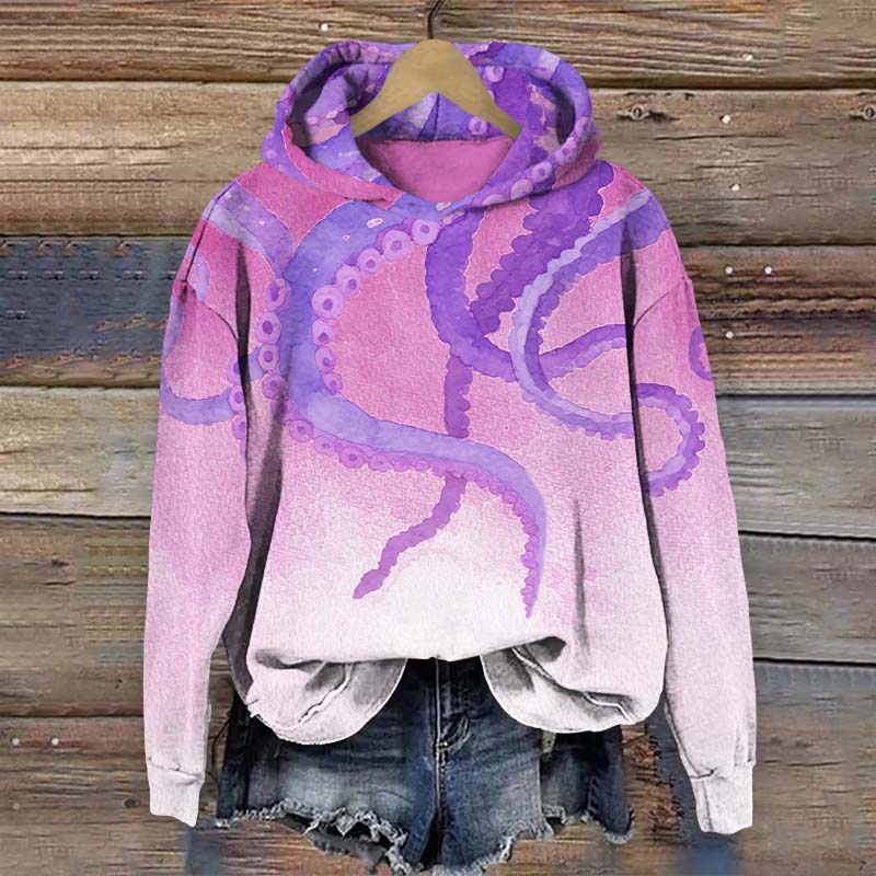 Vintage Ombre Abstract Octopus Tentacles Art Print Long Sleeve Hoodie - Pink - US44-46(8XL) - image 4