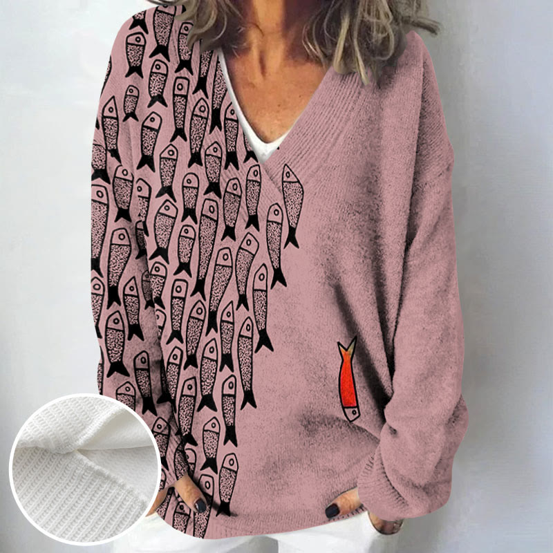 Cute Simple Lines Abstract Geometric Fish Art Print Causal V-neck Pullover Sweater - image 7