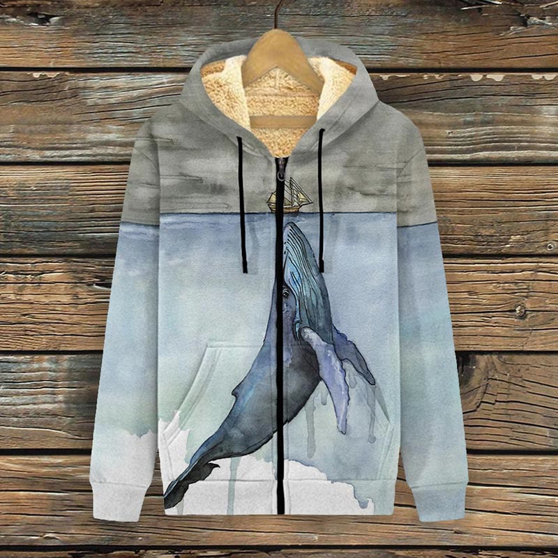 Whale Painting Print Fleece Jacket - Blue - 4XL - image 1