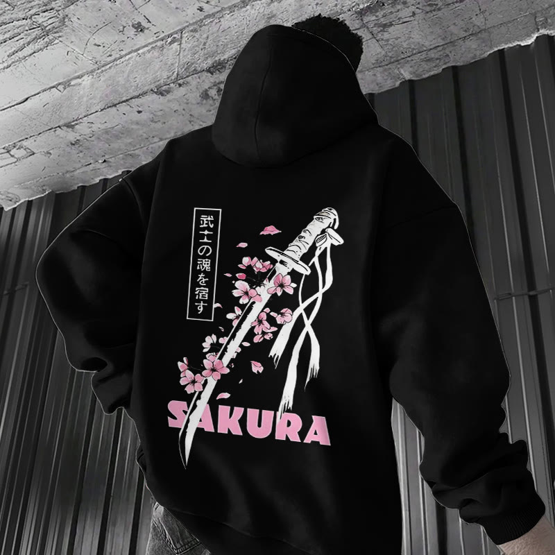  Men's Japanese Cherry Blossoms And Samurai Sword Patterns Print Hoodie - image 3