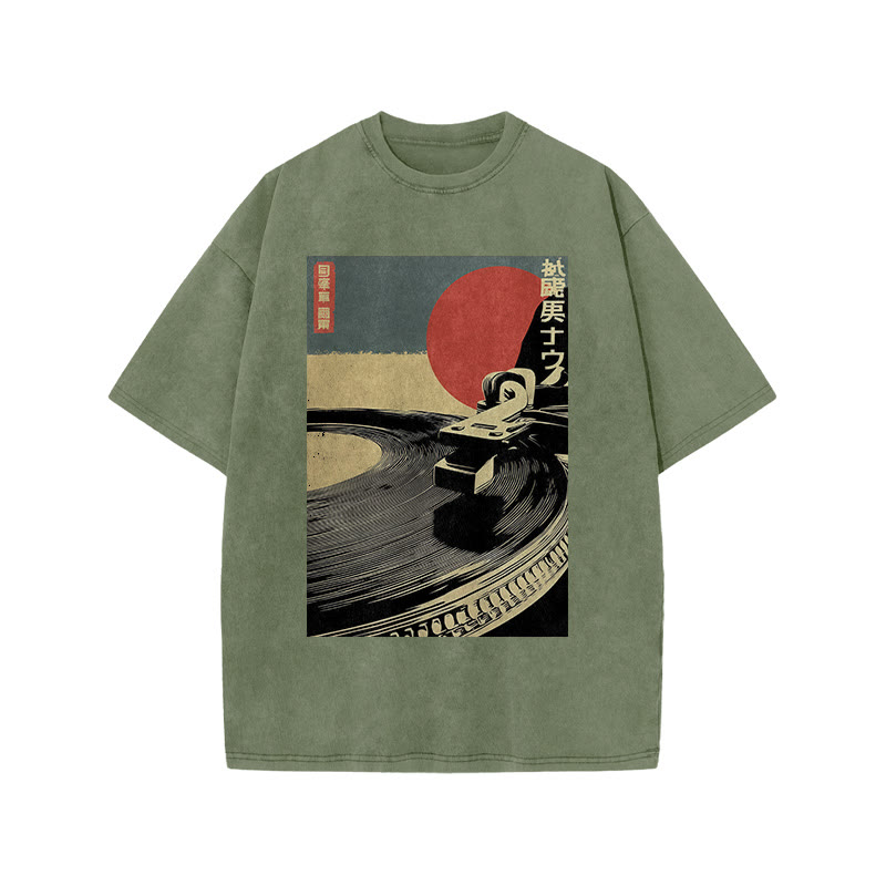 Japanese Vintage Turntable Art Print Acid Washed T-shirt - Army Green - US20-22(3XL) - image 5