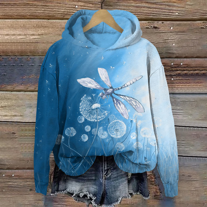 Colorblock dandelion & dragonfly print Long Sleeve Hoodie - Blue - US44-46(8XL) - image 2