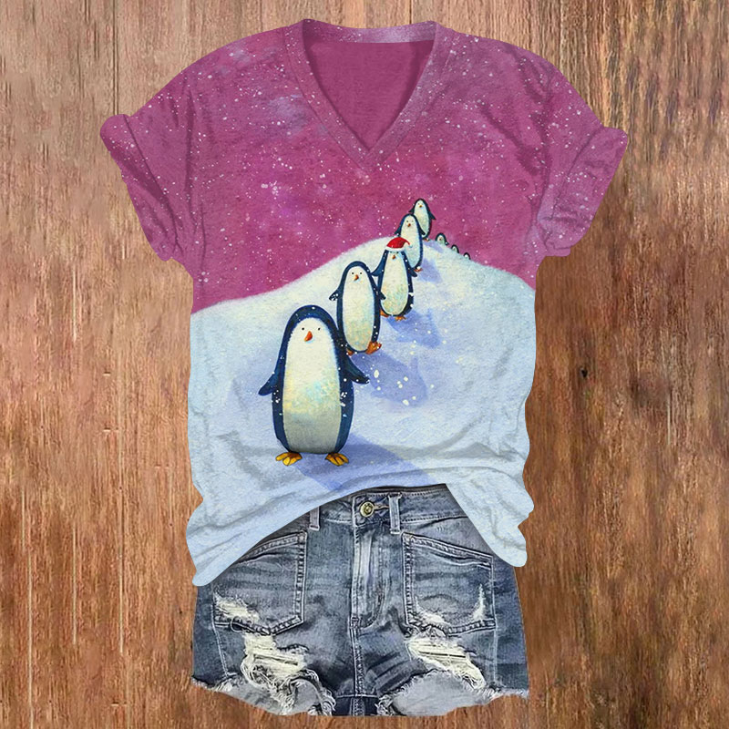 Christmas Adorable Penguins In Line Print V-neck T-shirt - Purple - US32-34(5XL) - image 4