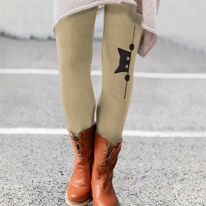 Casual Black Cat Print Leggings - Khaki - 5XL - image 2