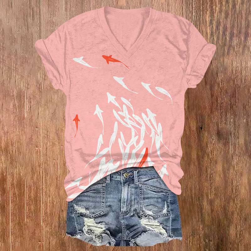 Vintage Abstract Whale Shark Art Print V-neck T-shirt - Pink - US32-34(5XL) - image 3