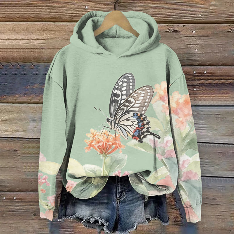 Watercolor Butterfly & Flowers Art Print Long Sleeve Hoodie - image 6