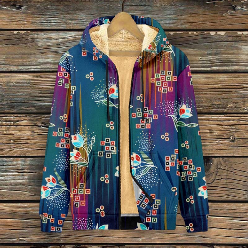 Women's Retro Geometic Grid Floral Pattern Print Fleece Jacket - image 2