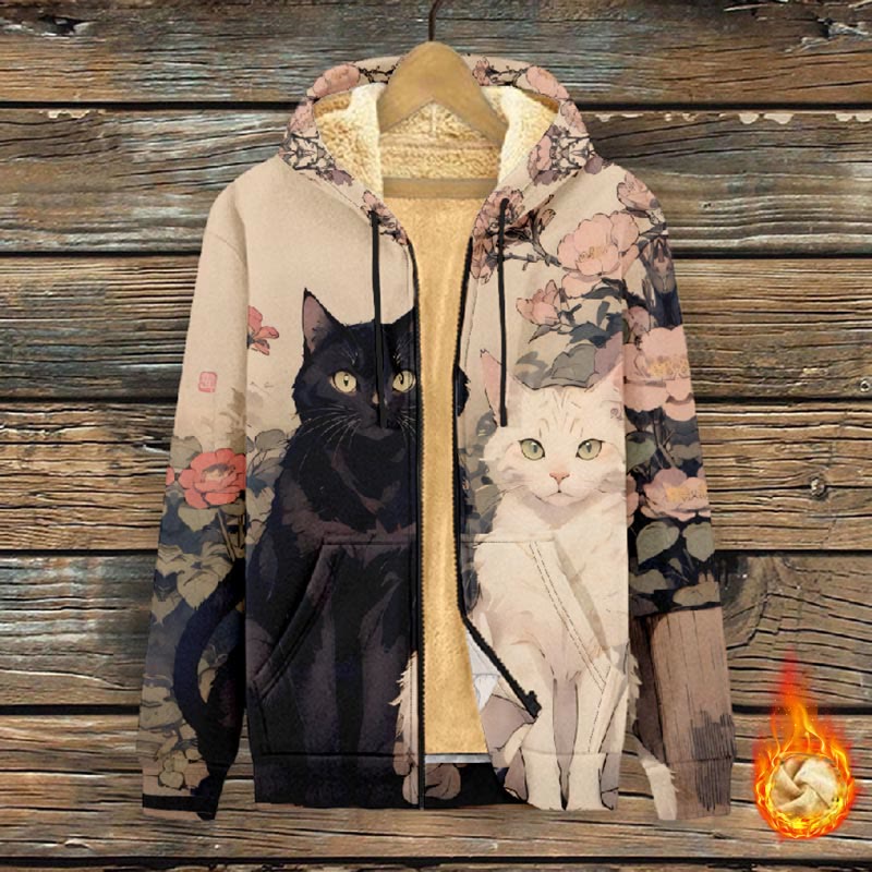 Women's Japanese Sakura Blossom Black ＆ White Cat Print Fleece Jacket - image 2