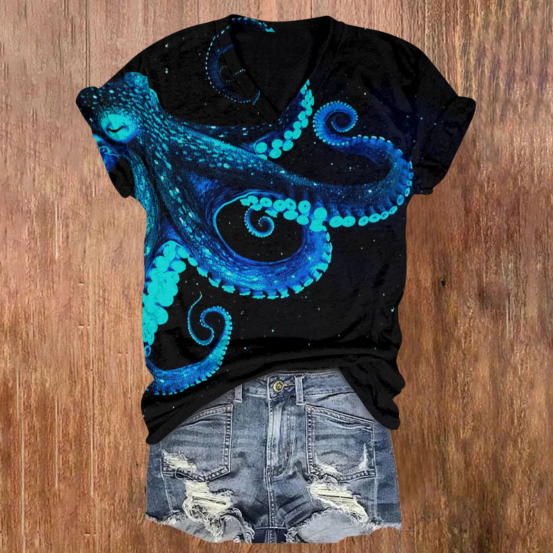Three-dimensional Creative Octopus Print V-neck T-shirt - Blue - 5XL - image 1