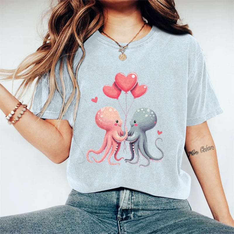 100% Cotton Valentine's Day Octopus Heart T-shirt - Blue - 2XL - image 8
