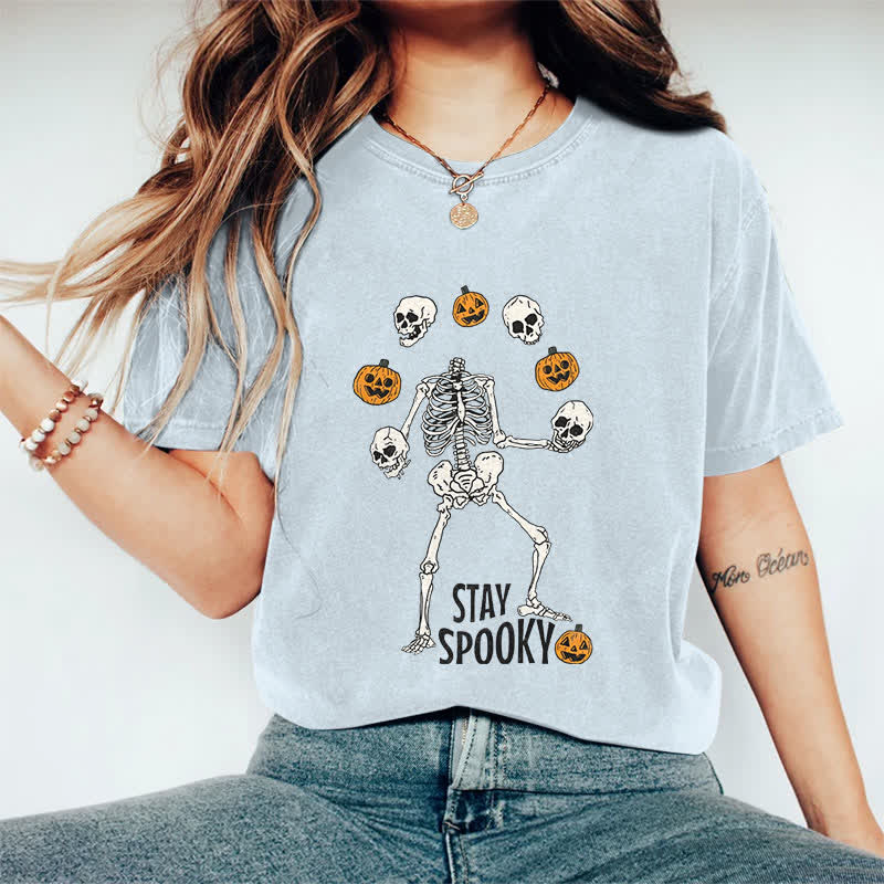 100% Cotton Women's Halloween Funny Stay Spooky Art Print Casual T-shirt - Light Blue - 2XL - image 13