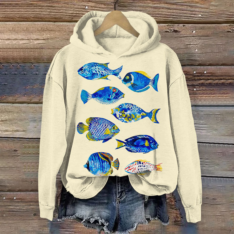 Vintage Abstract Funny Ugly Fish Print Long Sleeve Hoodie - Apricot - US44-46(8XL) - image 4