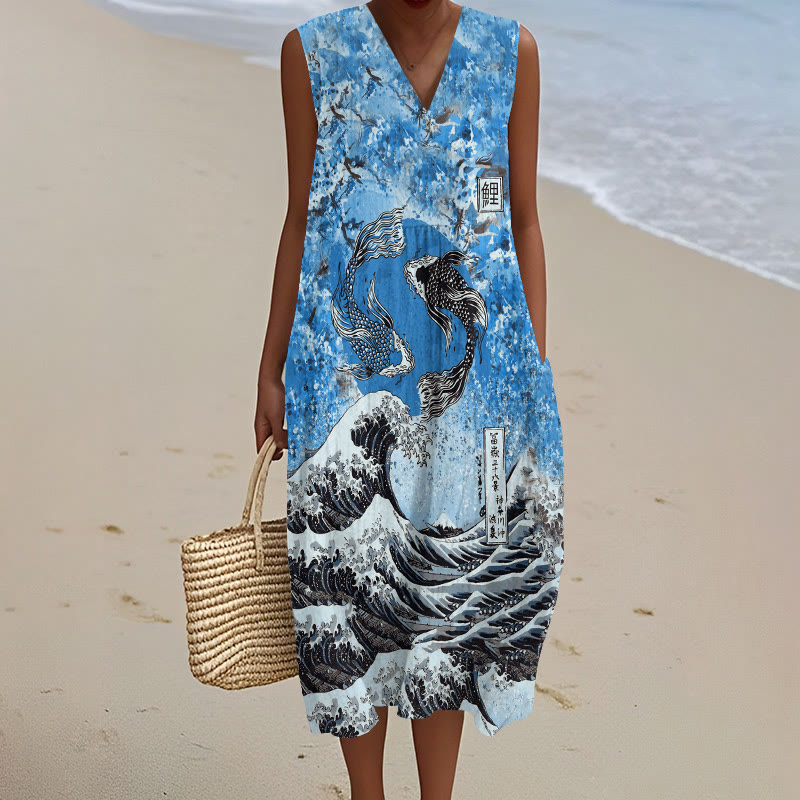 Japanese Koi Wave Art Print V-neck Sleeveless Dress - Blue - 5XL - image 5