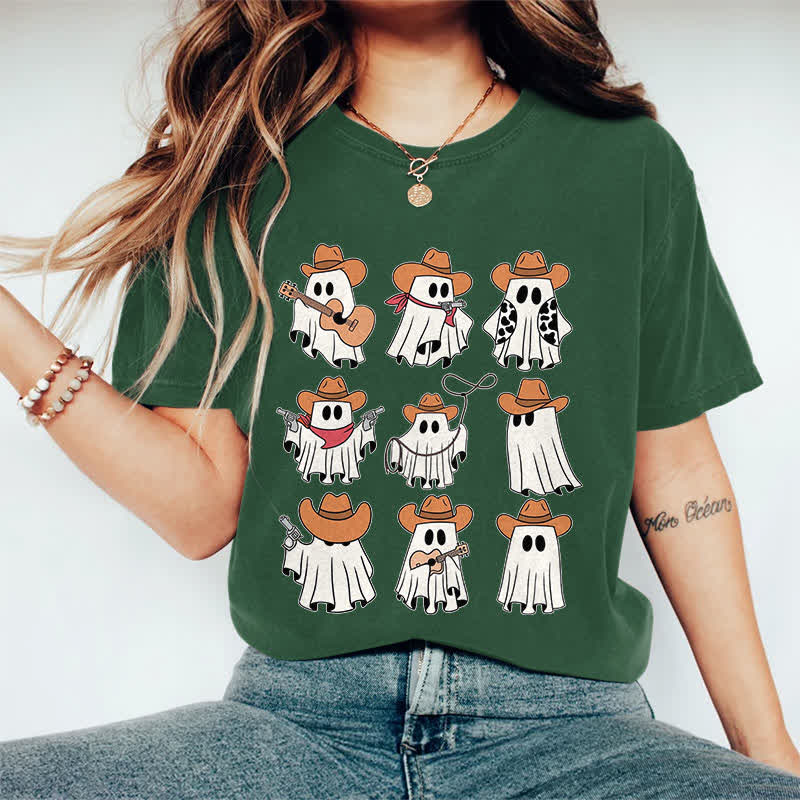 100% Cotton Halloween Funny Cowboy Ghost Art Print T-shirt - Dark Green - 2XL - image 10