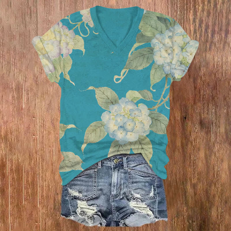 Japanese Watercolor Hydrangea Art Print V-neck T-shirt - Blue - US32-34(5XL) - image 4